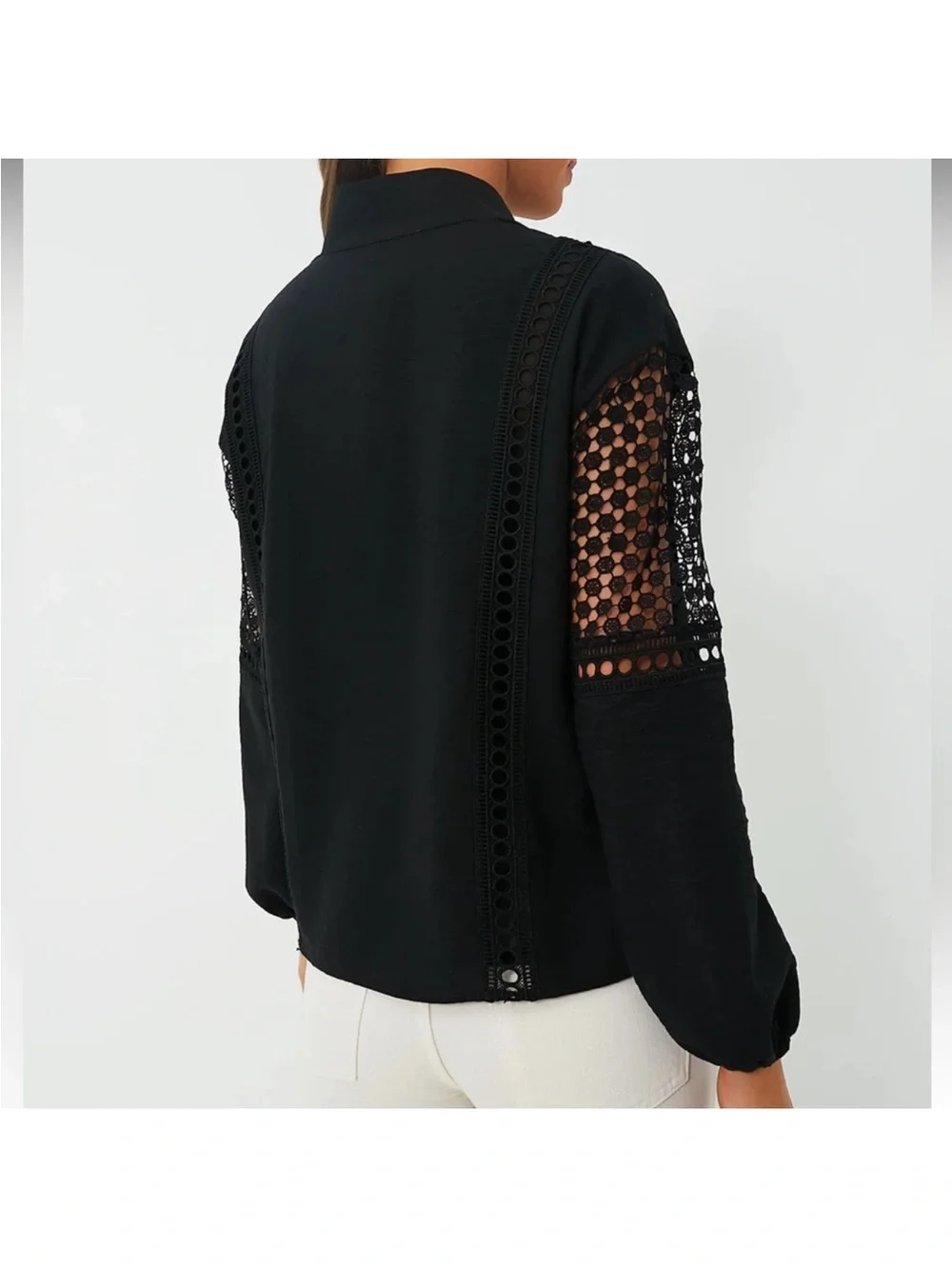 Tuckernuck Janie Black Crochet-Inset V-Neck Collared Blouse NWT